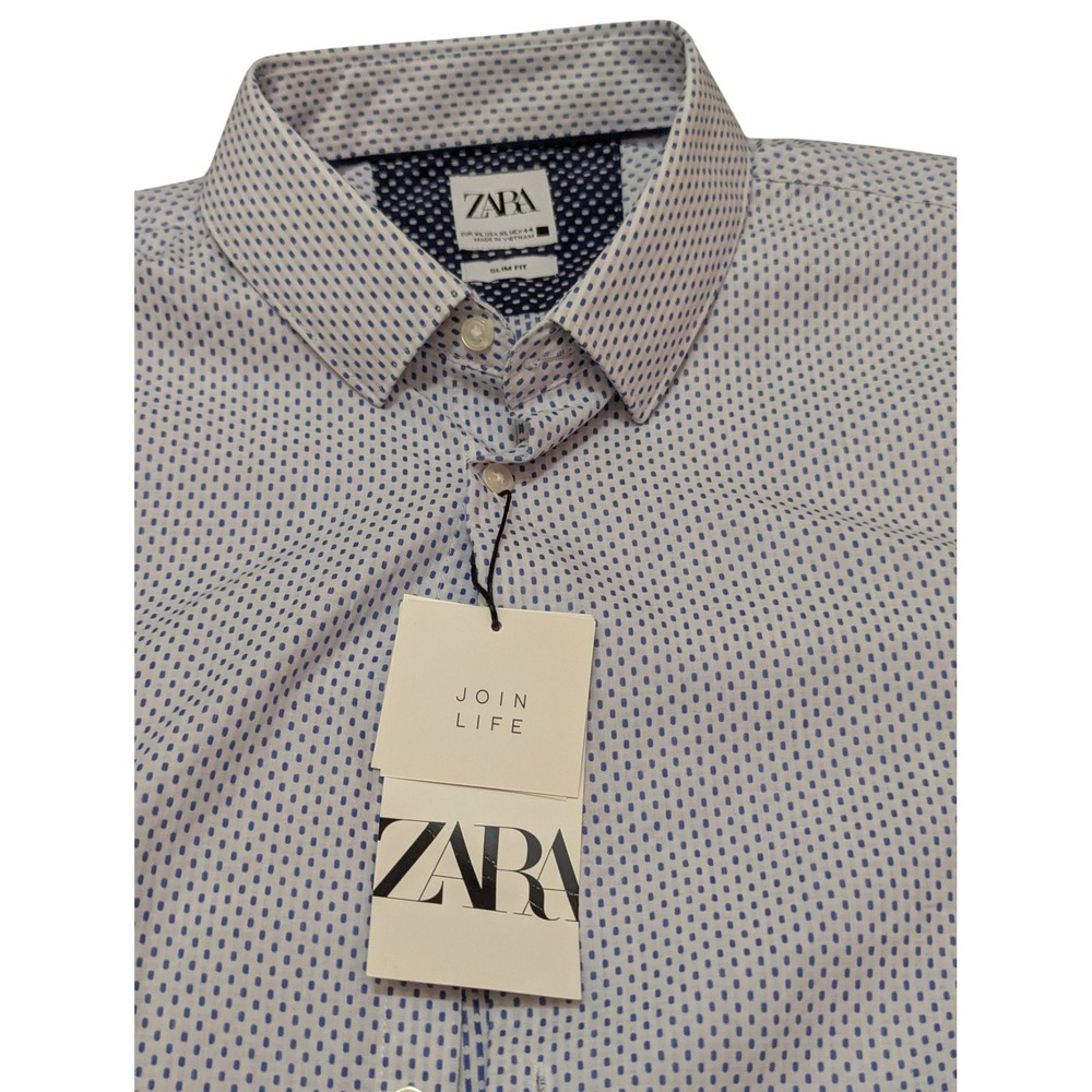 ZARA Slim Fit Button Down Shirt XL Blue Dot Print New with Tags